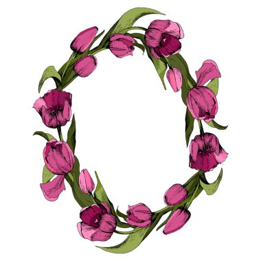 Renkli pembe lalelerle çelenk. Renkli laleler ile çiçek oval çerçeve. Bahar havası. Illüstrasyon.