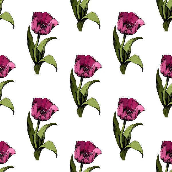 Бесшовный фон с цветными розовыми тюльпанами. иллюстрация. Цветочный безморщинистый фон с цветными тюльпанами. Весеннее настроение. Текстура ткани, дизайн подарочных пакетов. графический — стоковое фото