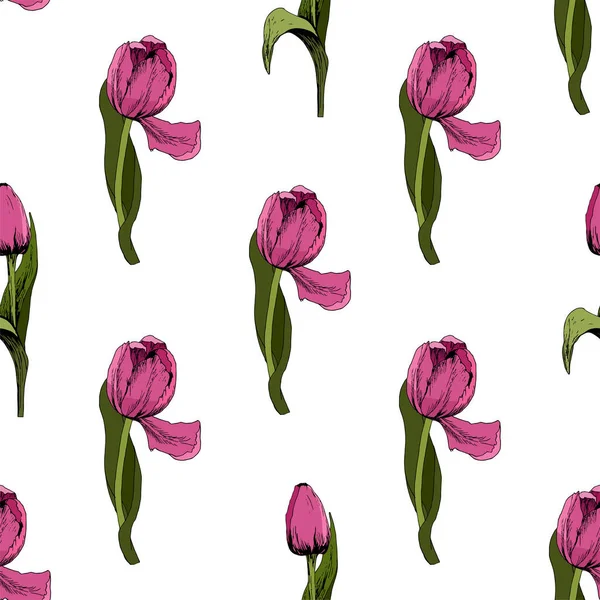 Бесшовный фон с цветными розовыми тюльпанами. иллюстрация. Цветочный безморщинистый фон с цветными тюльпанами. Весеннее настроение. Текстура ткани, дизайн подарочных пакетов. графический — стоковое фото