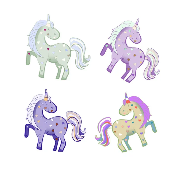Beyaz arka planda izole pastel renklerde 4 tek boynuzlu atlar. Çizim. — Stok fotoğraf