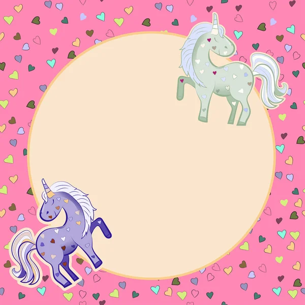 Unicorns in pastel colors on the background of hearts. graphics. Round frame. Illustration for Valentine s Day. — Stock Photo, Image