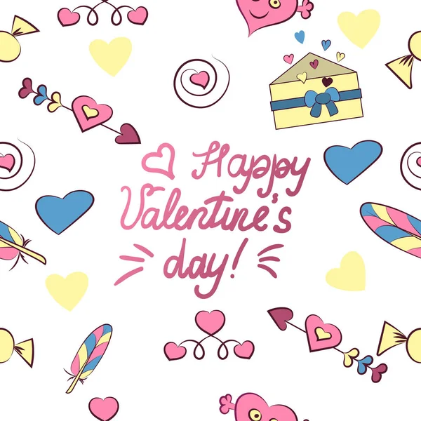 Seamless pattern of Valentine s day elements isolated on white background. illustration. Heart, letter, arrow, candy, feather, lettering Happy Valentine s day — Stock Photo, Image