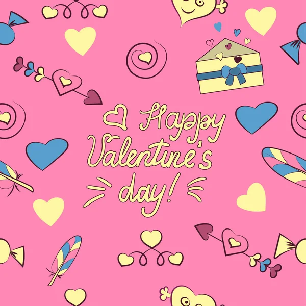 Bezszwowy wzór Valentine s dzień elementy izolowane na różowym tle. Ilustracji. Serce, list, strzałka, cukierki, pióro, napis Happy Walentynki dzień — Zdjęcie stockowe