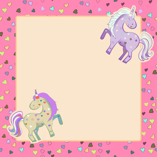 Unicorns in pastel colors on the background of hearts. graphics. Square frame. Illustration for Valentine s Day. — Stock Photo, Image