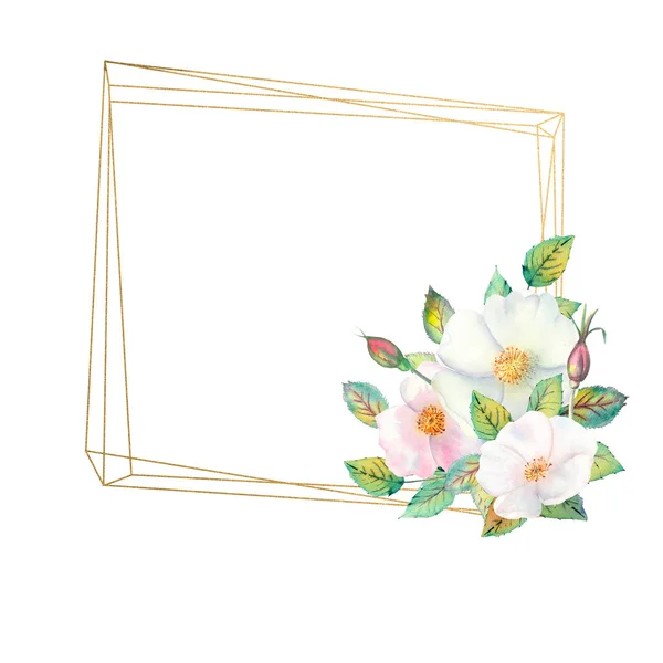 Bloemen van witte roos heupen, rood fruit, groene bladeren, de samenstelling in een geometrische gouden frame. Bloemenposter, uitnodiging. Aquarelcomposities voor het ontwerpen van wenskaarten of uitnodigingen. — Stockfoto