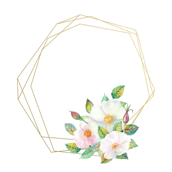 Blüten aus weißen Hagebutten, roten Früchten, grünen Blättern, die Komposition in einem geometrischen Goldenen Rahmen. Blumenposter, Einladung. Aquarellkompositionen für die Gestaltung von Grußkarten oder Einladungen. — Stockfoto