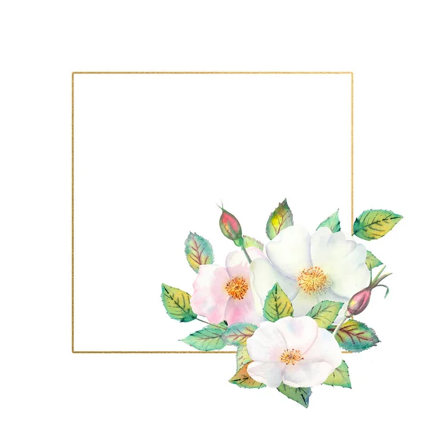 Flores de rosa branca quadris, frutos vermelhos, folhas verdes, a composição em uma moldura dourada geométrica. Cartaz de flores, convite. Composições aquarelas para o design de cartões de felicitações ou convites. — Fotografia de Stock