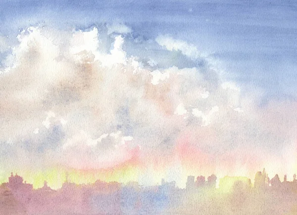 Le ciel avec des nuages sur la ville. Bonjour. Résumé bleu aquarelle fond divorce. Illustration aquarelle — Photo