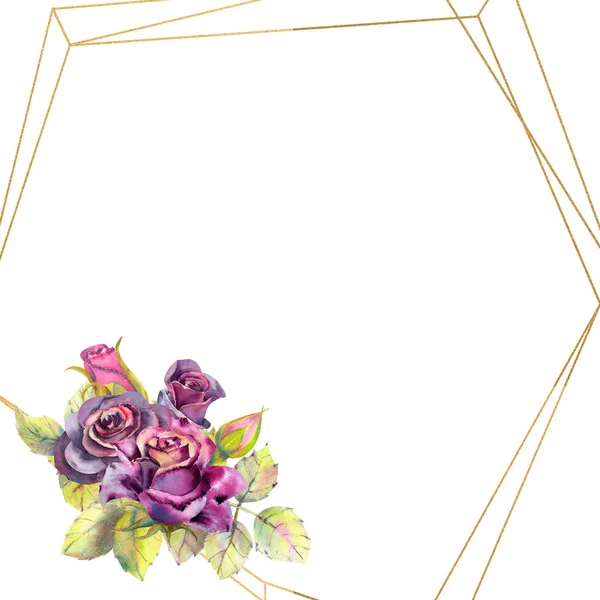 Blüten aus dunklen Rosen, grünen Blättern, Komposition in einem geometrischen goldenen Rahmen. das Konzept der Hochzeitsblumen. Blumenposter, Einladung. Aquarellkompositionen für die Gestaltung von Grußkarten o — Stockfoto