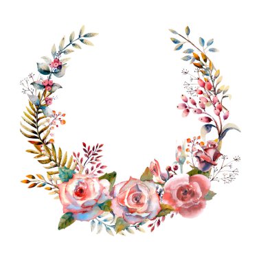 Pembe gül çiçeği, yeşil yaprakları, kırmızı. Çiçekler ile düğün kavramı. Çiçek poster, davetiye. Tebrik kartı veya davetiye tasarımı için suluboya düzenlemeleri. Vektör Illustration