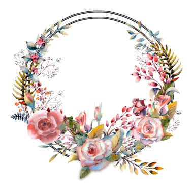 Pembe gül çiçeği, yeşil yaprakları, kırmızı. Çiçekler ile düğün kavramı. Çiçek poster, davetiye. Tebrik kartı veya davetiye tasarımı için suluboya düzenlemeleri. yuvarlak çerçeve. Vektör Illustration