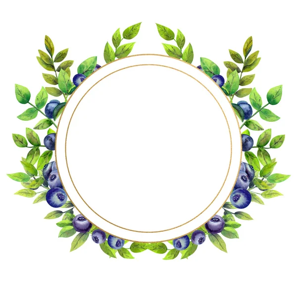 Golden geometric frame with ripe blueberries on white isolated background. Watercolor illustration.