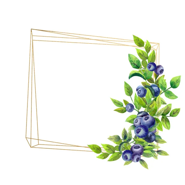 Golden geometric frame with ripe blueberries on white isolated background. Watercolor illustration. — Stock Photo, Image