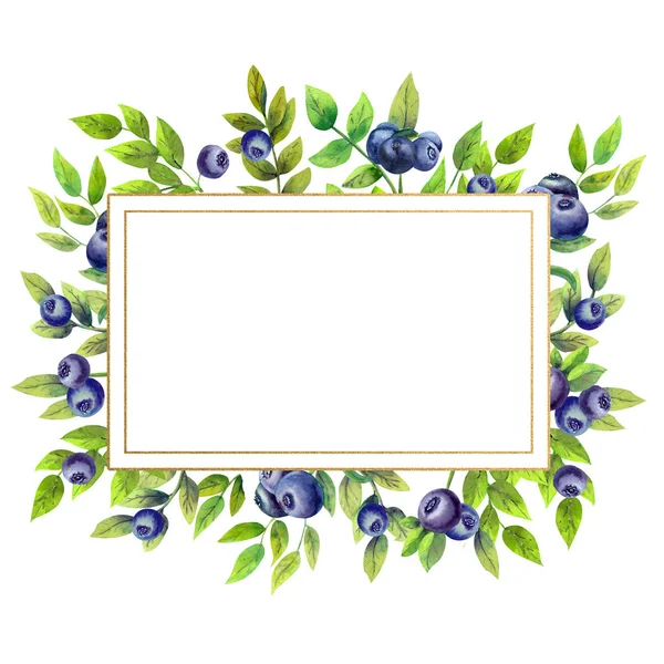 Golden geometric frame with ripe blueberries on white isolated background. Watercolor illustration.