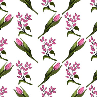 Renkli Pembe lale ile kesintisiz arka plan. Vektör Illustration. Renkli lale ile Floral Dikişsiz arka plan. Bahar havası. Kumaş dokusu, hediye paketleri tasarımı. Vektör grafiği