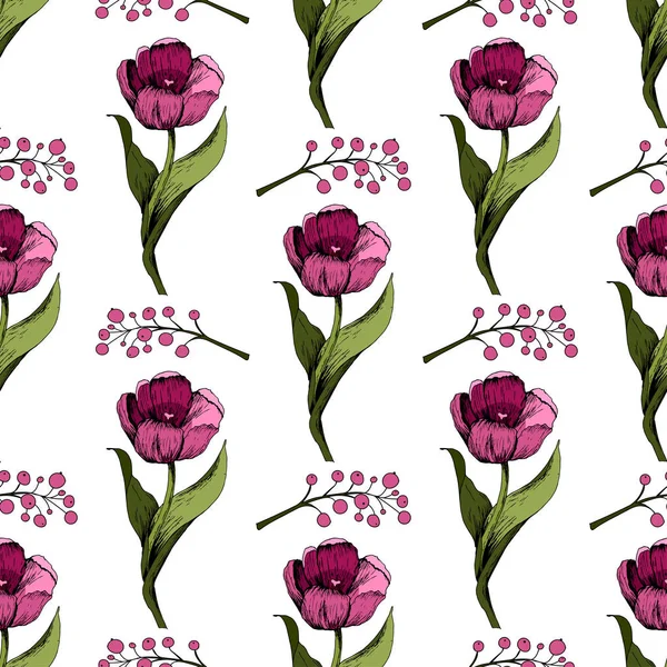 Fondo sin costuras con tulipanes de color rosa. Ilustración vectorial. Fondo floral sin costuras con tulipanes coloridos. Modo de primavera.La textura de la tela, el diseño de paquetes de regalo. Gráfico vectorial — Vector de stock