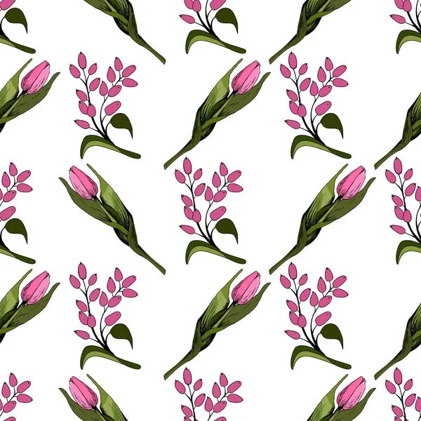 Naadloze achtergrond met gekleurde roze tulpen. Vector illustratie. Bloemen naadloze achtergrond met kleurrijke tulpen. Lente stemming. De textuur van de stof, het ontwerp van cadeauverpakkingen. Vectorafbeelding — Stockvector