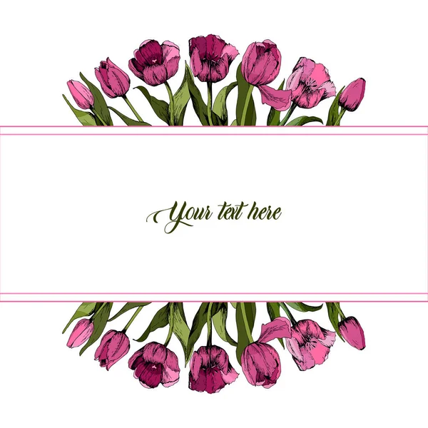 Frame met gekleurde roze tulpen. Poster. Lente stemming. Vector illustratie. — Stockvector