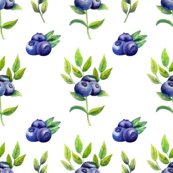 Nahtloses Muster mit reifen Blaubeeren auf weißem, isoliertem Hintergrund. Aquarellillustration. — Stockfoto