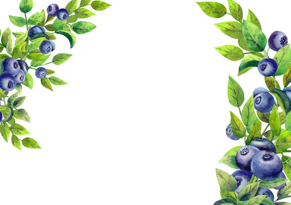Frame with ripe blueberries on white isolated background. Horizontal orientation. Watercolor illustration. — Stock Photo, Image