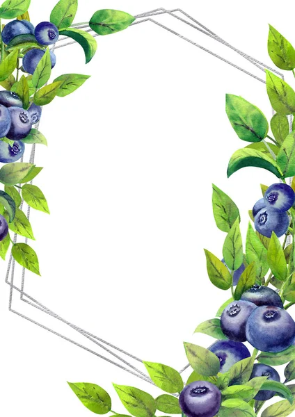 Ram med mogna blåbär på vit isolerad bakgrund. Vertikal orientering. Akvarell illustration. — Stockfoto