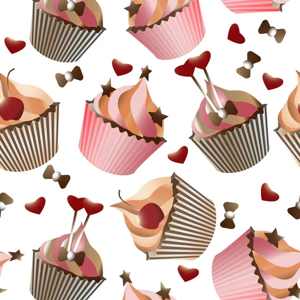 Απρόσκοπτη μοτίβο με διαφορετικά cupcakes σε λευκό φόντο. Γλυκά γλυκά διακοσμημένα με καρδιές, κεράσι, λουλούδι και αστέρι. — Διανυσματικό Αρχείο