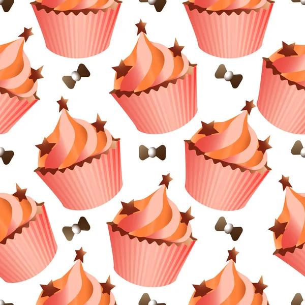 Patrón sin costuras con diferentes cupcakes sobre un fondo blanco. Pasteles dulces decorados con corazones, cereza, flor y estrella. — Vector de stock