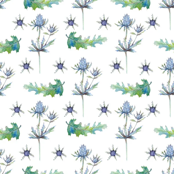 Nahtloses Muster mit Wildblumen und Blättern auf weißem Hintergrund. Blumenmuster für Tapeten oder Stoff. Aquarell-Illustration. Element des Verpackungsdesigns, Einladungen, Karten usw. — Stockfoto