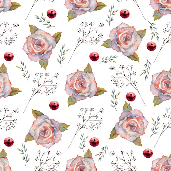 Seamless pattern. Set of flower branches. Pink rose flower, green leaves, red. Floral poster, invitation. Watercolor arrangements for greeting card or invitation design. — Stock Photo, Image