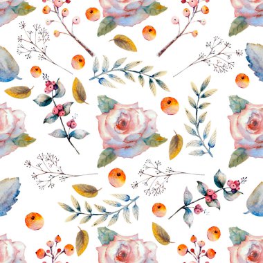 Kusursuz desen. Çiçek dalları. Pembe gül çiçeği, yeşil yapraklar, kırmızı. Çiçekli poster, davetiye. Tebrik kartı veya davet tasarımı için suluboya düzenlemeleri.