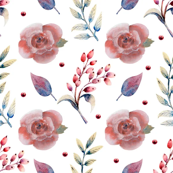 Nahtloses Muster. Reihe von Blumenzweigen. rosa Rosenblüte, grüne Blätter, rot. Blumenposter, Einladung. Aquarell-Arrangements für Grußkarte oder Einladungsdesign. — Stockfoto