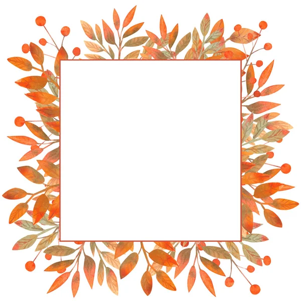 흰색 외진 곳에 가을 낙엽 이 있는 사각형 모양이다. 수채화. — 스톡 사진