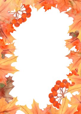 İzole edilmiş arka planda sonbahar yaprakları olan çerçeve. Dikey çerçeve ayarlaması. Tebrik kartı veya davetiye tasarımı için suluboya kompozisyonları.