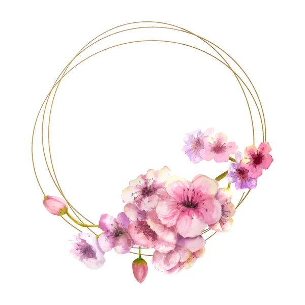 Fiore di ciliegio, Sakura Branch con fiori rosa su cornice dorata e sfondo bianco isolato. Immagine della primavera. Cornice. Acquerello. Illustrazione vettoriale . — Vettoriale Stock