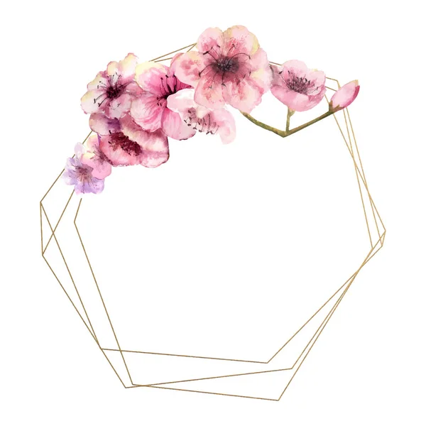 Kirschblüte, Sakura-Zweig mit rosa Blüten auf goldenem Rahmen und isoliertem weißem Hintergrund. Bild des Frühlings. Rahmen. Aquarell. Vektorillustration. — Stockvektor