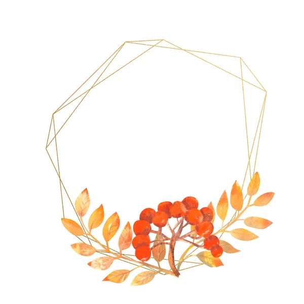 Goldrahmen mit Herbstblättern und Eberesche auf weißem Hintergrund. Aquarellillustration — Stockfoto