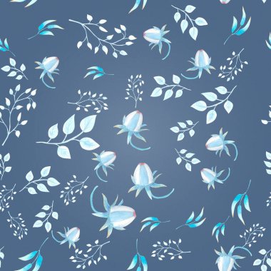 Pembe çiçek, tomurcuk, yapraklar, mavi arka planda dekoratif dalları olan kusursuz bir arka plan. Suluboya çizimi, el yapımı.