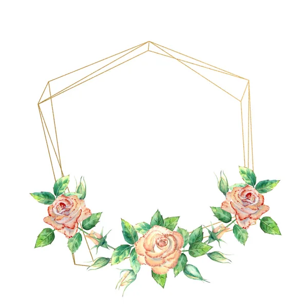 花で飾られた金の幾何学的なフレーム 桃のバラ 緑の葉 開いて閉じた花 水彩画 — ストック写真