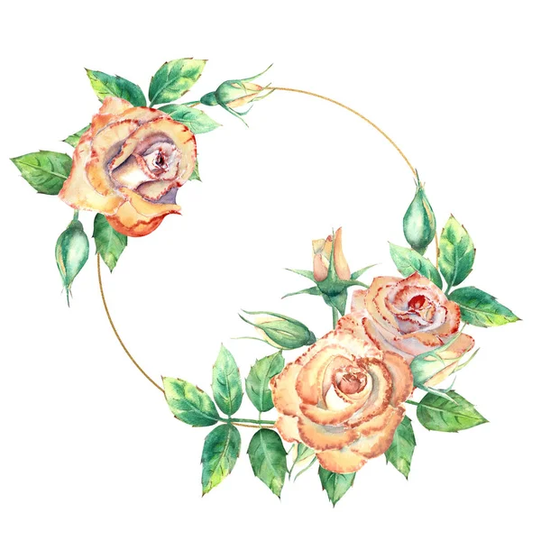 Złota Geometryczna Rama Ozdobiona Kwiatami Brzoskwiniowe Róże Zielone Liście Otwarte — Zdjęcie stockowe