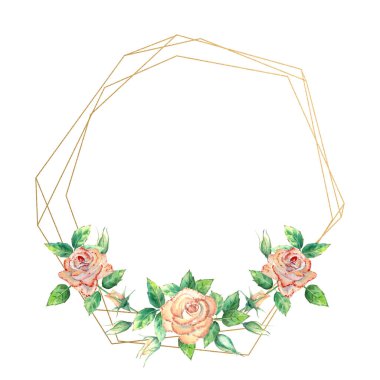 Çiçeklerle süslenmiş altın geometrik çerçeve. Şeftali gülleri, yeşil yapraklar, açık ve kapalı çiçekler. Suluboya çizimi.