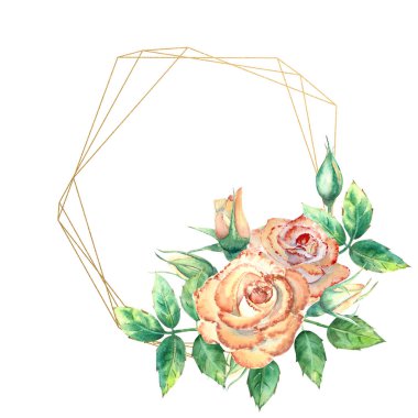 Çiçeklerle süslenmiş altın geometrik çerçeve. Şeftali gülleri, yeşil yapraklar, açık ve kapalı çiçekler. Suluboya çizimi.