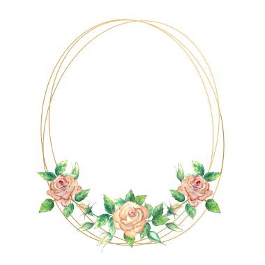 Çiçeklerle süslenmiş altın geometrik çerçeve. Şeftali gülleri, yeşil yapraklar, açık ve kapalı çiçekler. Suluboya çizimi.