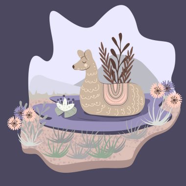 Pastel renklerde bir manzaranın arka planında sevimli bir bayanın olduğu bir tatil ve dekorasyon için Alpaca tebrik kartı. Doodle tarzı. Vektör illüstrasyonu.