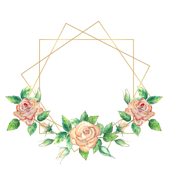 Złota Geometryczna Rama Ozdobiona Kwiatami Brzoskwiniowe Róże Zielone Liście Otwarte — Zdjęcie stockowe