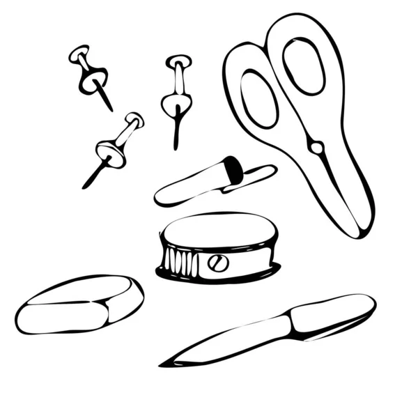 Stationery Buttons Pen Scissor Gum Sharpener Sketch Style Doodle Vector — Stock Vector