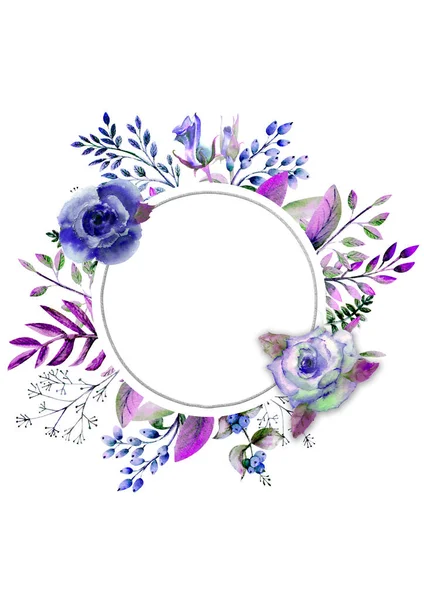 Frame with roses, leaves, berries, decorative twigs. Wedding concept with flowers. Watercolor composition in blue tones for greeting cards or invitations — Stock Photo, Image