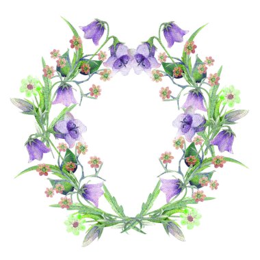 Romantik çelenk. Mutlu düşün. Kartvizit şablonları. Suluboya içinde kır çiçekleri. Çerçeve