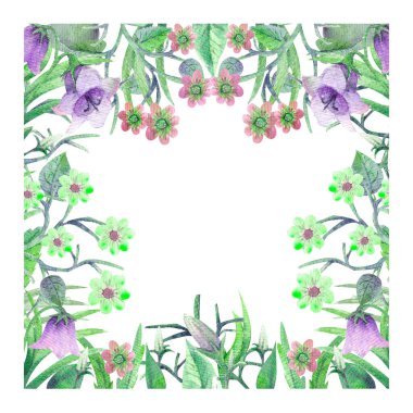 Romantik çelenk. Mutlu düşün. Kartvizit şablonları. Suluboya içinde kır çiçekleri. Çerçeve