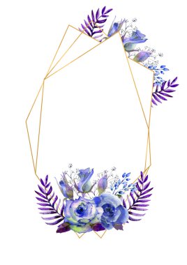 Mavi güller, yapraklar, böğürtlenler, dekoratif dallarla çerçevelenmiş. Çiçekli düğün konsepti. Tebrik kartları veya davetiyeler için mavi tonlarda suluboya kompozisyonu.