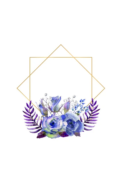 青いバラ 装飾的な小枝を持つフレーム 花と結婚式の概念 グリーティングカードや招待状の青トーンの水彩構成 — ストック写真